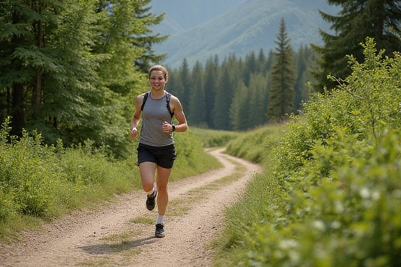 A person running on a scenic trail with lush greenery, emphasizing fitness and nature.