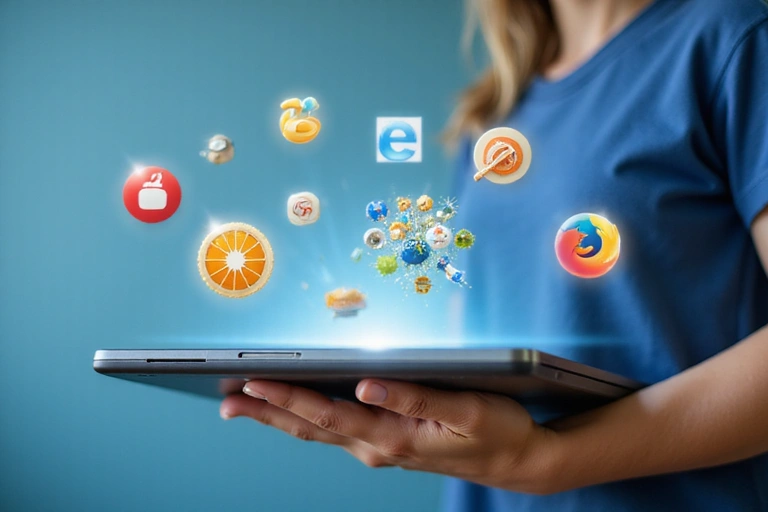 A person's hand holding a laptop, with various browser icons floating around the screen, symbolizing cookie management and user control over privacy settings.