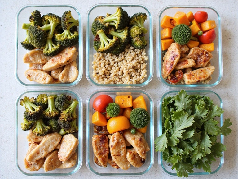 A healthy and colorful meal prep with various dishes in containers